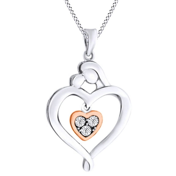 AFFY Round Cut White Diamond Dancing Heart Mother Pendant Necklace In 14K White Gold Over Sterling Silver