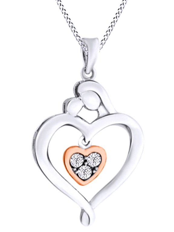 Round Cut White Diamond Dancing Heart Mother Pendant Necklace In 14K White Gold Over Sterling Silver