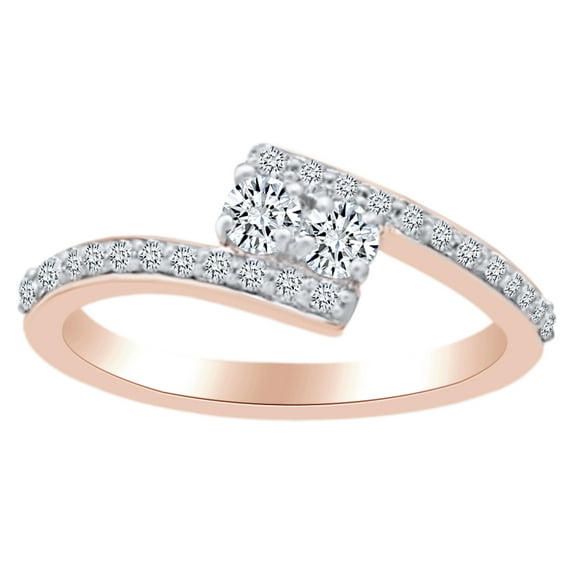 AFFY Round Cut White Diamond Two Stone Bypass Engagement Ring In 14K Solid Rose Gold (0.75 Cttw)