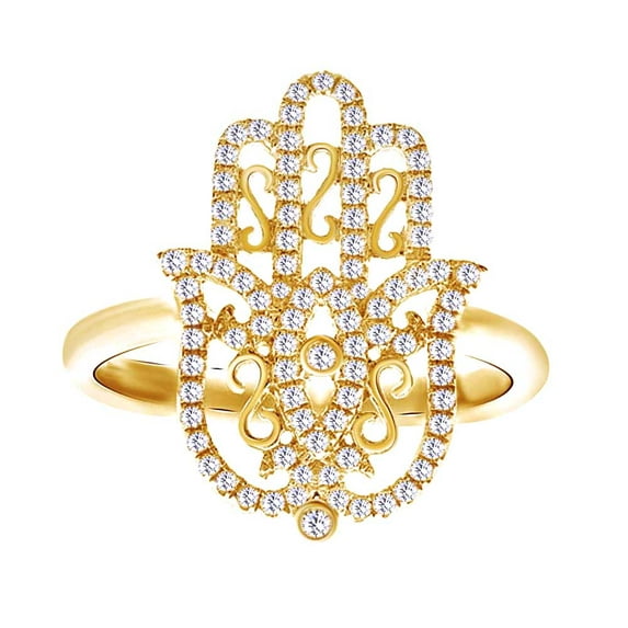 AFFY Round Cut White Natural Diamond (0.40 Cttw) Hamsa Engagement Ring In 10K Solid Yellow Gold,Ring Size: 12