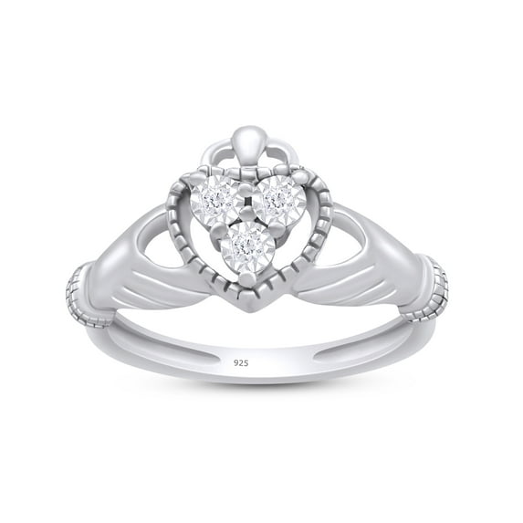 AFFY Round Cut White Natural Diamond Accent Claddagh Ring In 14k White Gold Over Sterling Silver-10.5