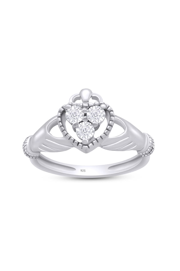 Round Cut White Natural Diamond Accent Claddagh Ring In 14k White Gold Over Sterling Silver-12.5