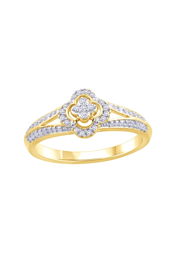 Round Cut White Natural Diamond Accent Clover Frame Split Shank Ring in 14k Yellow Gold