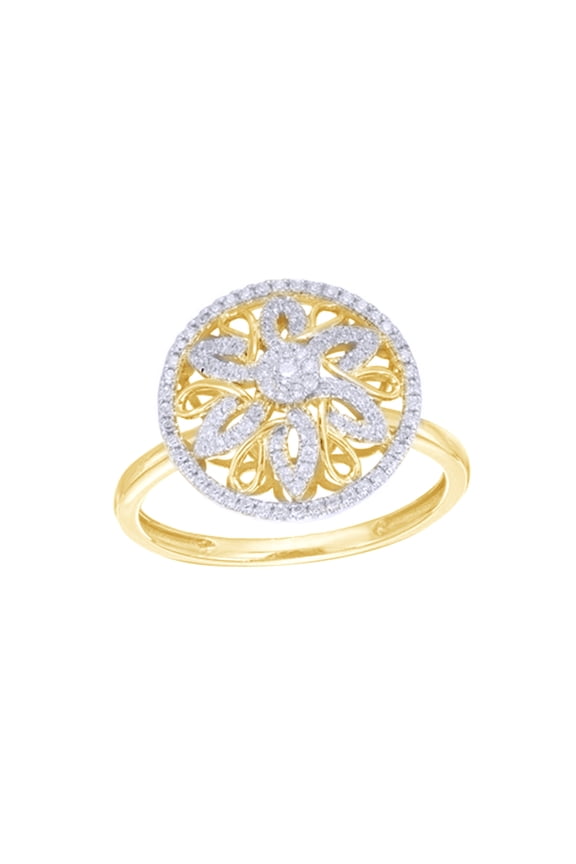 Round Cut White Natural Diamond Circle Frame Flower Loop Ring in 10k Yellow Gold (0.25 Cttw)
