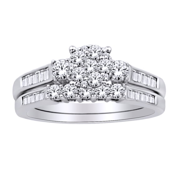AFFY Round Cut White Natural Diamond Cluster Bridal Engagement Ring Set In 14K Solid White Gold (0.8 Cttw)