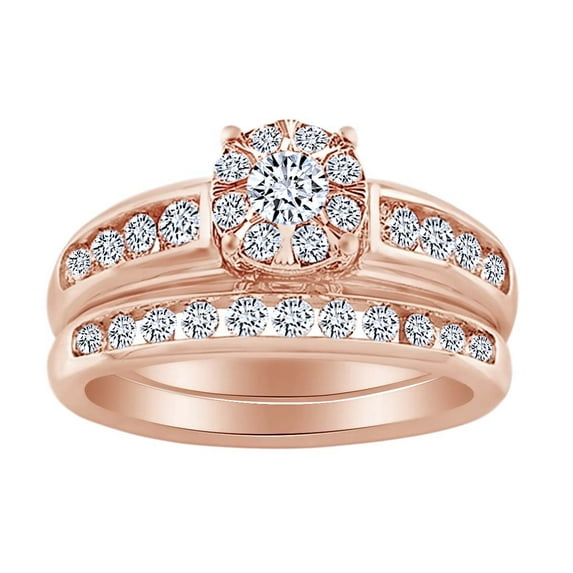 AFFY Round Cut White Natural Diamond Cluster Bridal Ring Set In 10K Solid Rose Gold (1 cttw)-7.5