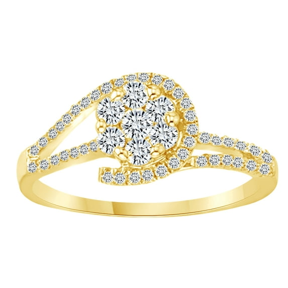 AFFY Round Cut White Natural Diamond Cluster Bypass Ring In 14K Solid Yellow Gold (0.37 Ct)