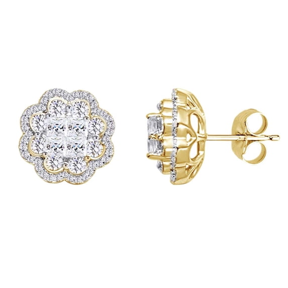 AFFY Round Cut White Natural Diamond Cluster Halo Stud Earrings In 10K Solid Yellow Gold (1 Cttw)