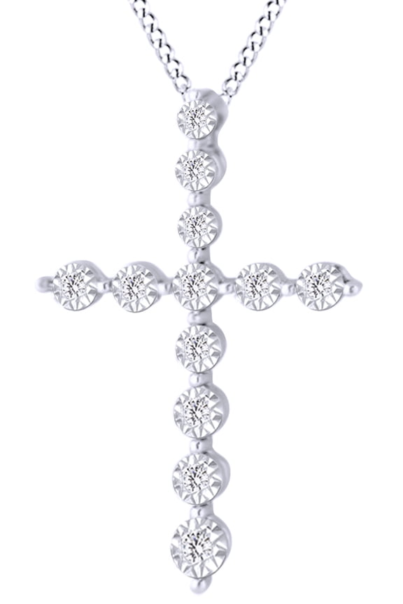 Round Cut White Natural Diamond Cross Pendant Necklace In 10K Solid White Gold (0.08 Ct)By