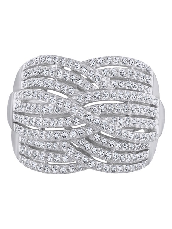 Round Cut White Natural Diamond Crossover Cocktail Ring In 10k Solid White Gold (1 cttw)