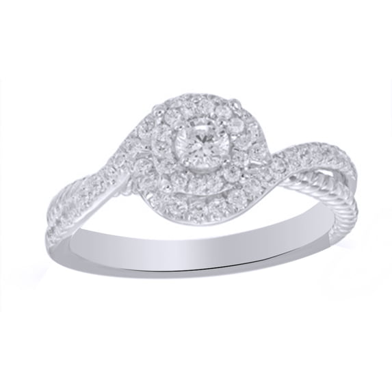 Round Cut White Natural Diamond Double Swirl Frame Engagement Ring in 10k White Gold (0.33 Cttw)