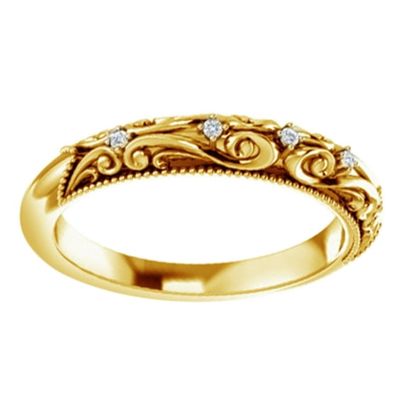 Round Cut White Natural Diamond Filigree Band Ring In 14K Solid Yellow Gold (0.03 Ct), Size-7