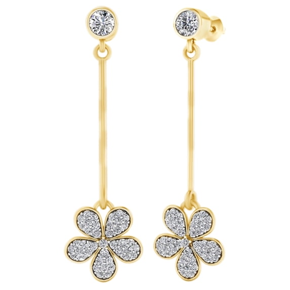 AFFY Round Cut White Natural Diamond Flower Dangle Earrings In 14K Solid Yellow Gold