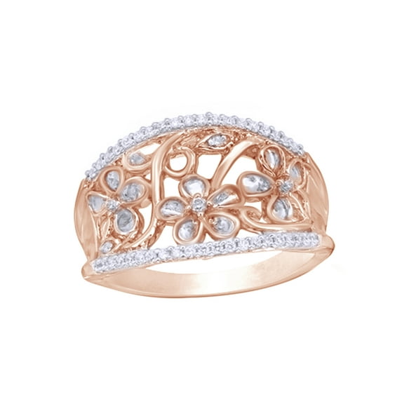 Round Cut White Natural Diamond Flower Filigree Ring in 10k Rose Gold (0.2 Cttw)