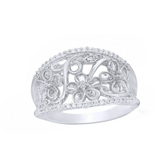Round Cut White Natural Diamond Flower Filigree Ring in 10k White Gold (0.2 Cttw)