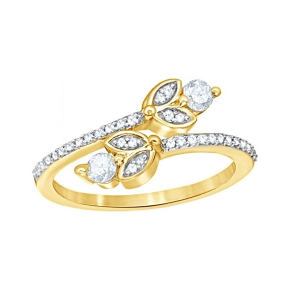 Round Cut White Natural Diamond Flower with Leaf Bypass Ring in 10k Yellow Gold (0.33 Cttw)