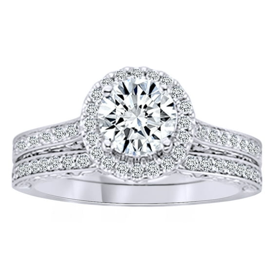 AFFY Round Cut White Natural Diamond Halo Bridal Ring Set In 14K Solid White Gold (1.5 Ct)