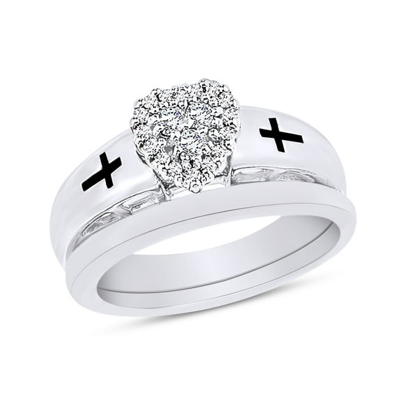 AFFY Round Cut White Natural Diamond Heart Cross Bridal Set Ring in 14k White Gold Over Sterling Silver (0.2 Cttw) Ring Size-10.5