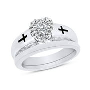 AFFY Round Cut White Natural Diamond Heart Cross Bridal Set Ring in 14k White Gold Over Sterling Silver (0.2 Cttw) Ring Size-4