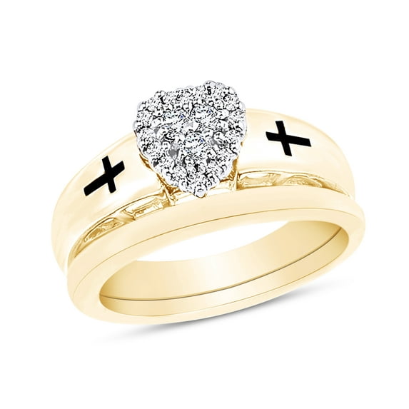 AFFY Round Cut White Natural Diamond Heart Cross Bridal Set Ring in 14k Yellow Gold Over Sterling Silver (0.2 Cttw) Ring Size-8