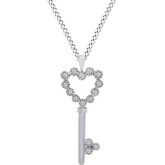 AFFY Round Cut White Natural Diamond Heart Key Pendant Necklace In 14K White Gold