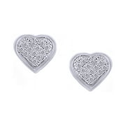 JEWEL ZONE US Round Cut White Natural Diamond Heart Stud Earrings In 14K White Gold Over Sterling Silver (0.05 Ct)