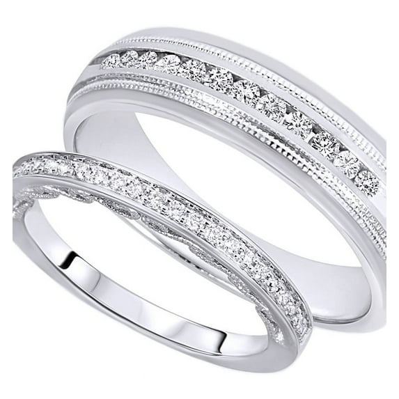 Round Cut White Natural Diamond His And Hers Wedding Band Ring Set in 14K White Gold (0.38 Cttw)