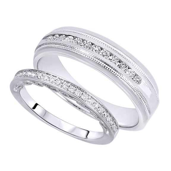 AFFY Round Cut White Natural Diamond His And Hers Wedding Band Ring Set in 14K White Gold (0.38 Cttw)