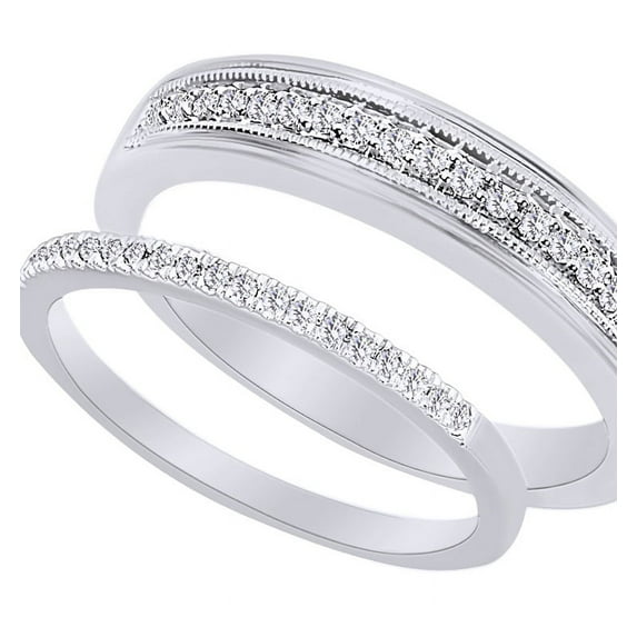 AFFY Round Cut White Natural Diamond His And Hers Wedding Band Set in 14k White Gold (0.25 Cttw)