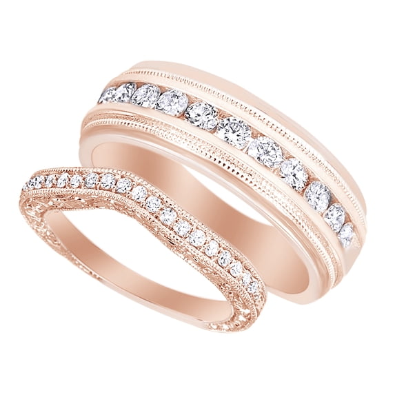 AFFY Round Cut White Natural Diamond His Hers Wedding Band Set in 14K Rose Gold (0.75 Cttw)