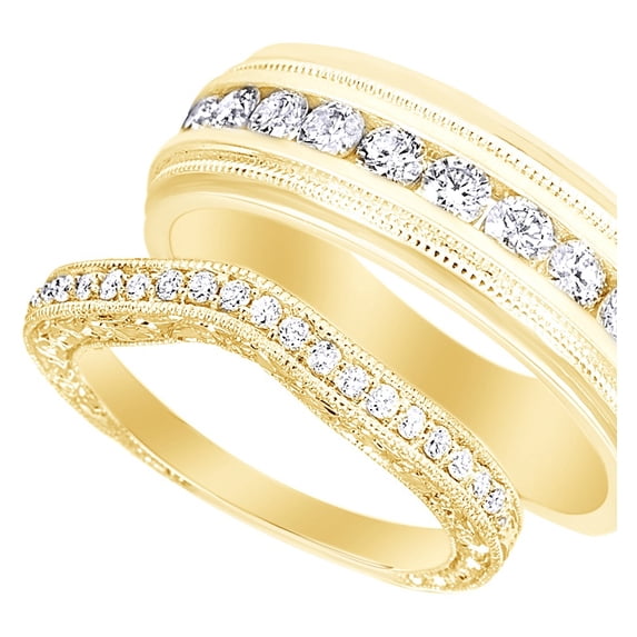 AFFY Round Cut White Natural Diamond His Hers Wedding Band Set in 14K Yellow Gold (0.75 Cttw)