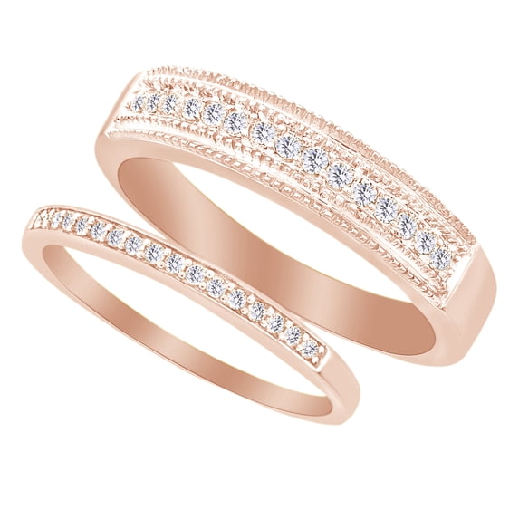 AFFY Round Cut White Natural Diamond His and Hers Wedding Band Ring Set in 14K Rose Gold (0.33 Cttw) By
