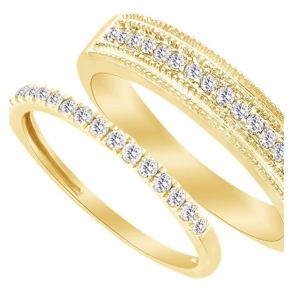 AFFY Round Cut White Natural Diamond His and Hers Wedding Band Ring Set in 14K Yellow Gold (0.2 Cttw)