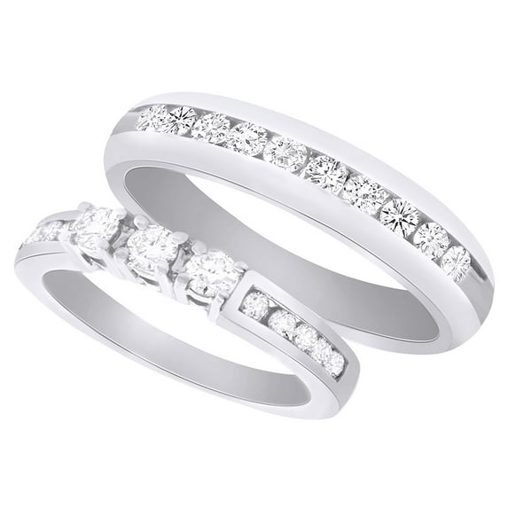 AFFY Round Cut White Natural Diamond His and Hers Wedding Band Set in 14K White Gold (0.88 Cttw)