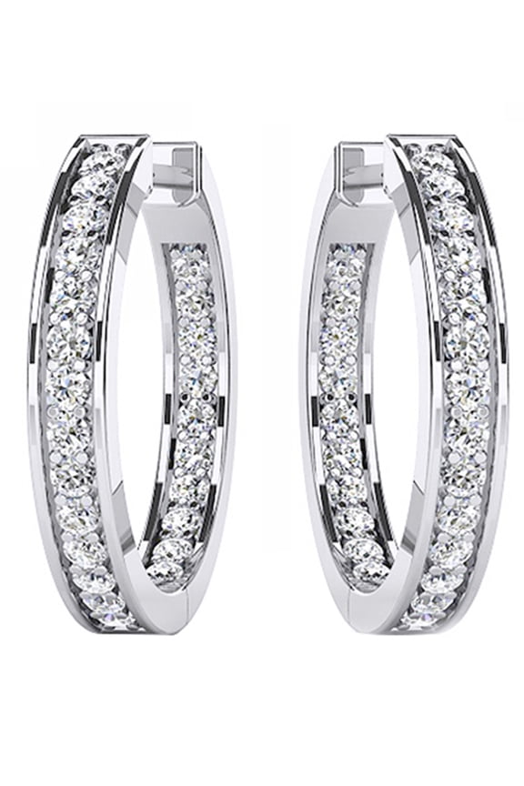 Round Cut White Natural Diamond Inside-Out Hoop Earrings In 14K Solid White Gold (0.87 Ct)