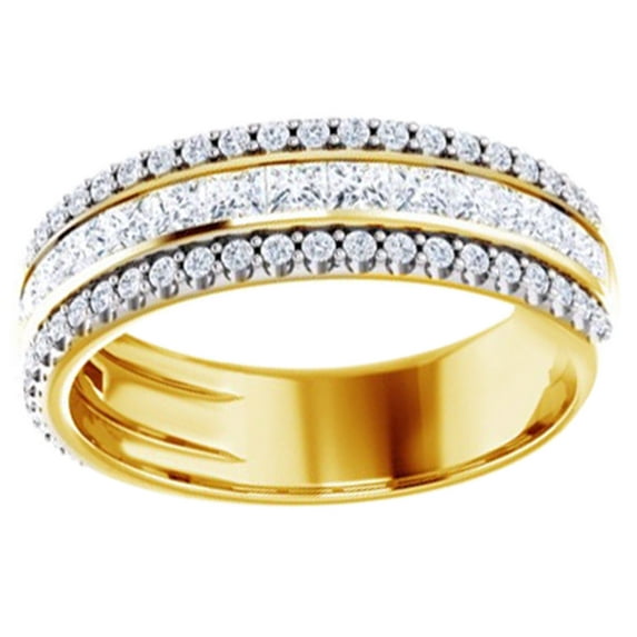 AFFY Round Cut White Natural Diamond Three Row Band Ring In 14K Solid Gold (1.12 Ct), Size-13