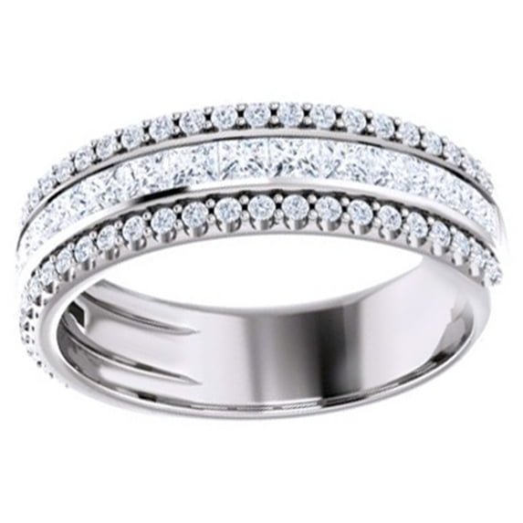 AFFY Round Cut White Natural Diamond Three Row Band Ring In 14K Solid White Gold (1.12 Ct), Size-11