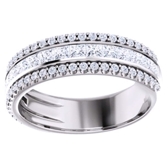 AFFY Round Cut White Natural Diamond Three Row Band Ring In 14K Solid White Gold (1.12 Ct), Size-4