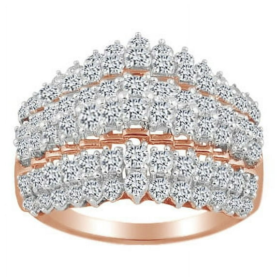 AFFY Round Cut White Natural Diamond Three Row Cocktail Ring In 10k Solid Rose Gold (2 cttw)