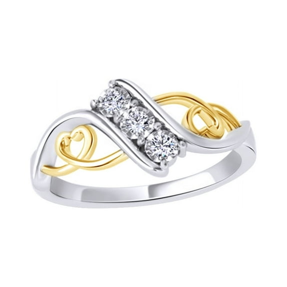 Round Cut White Natural Diamond Three Stone Bypass with Hearts Ring in Two Tone 14k Solid Gold