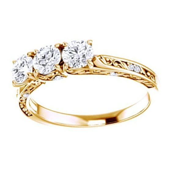 AFFY Round Cut White Natural Diamond Three Stone Engagement Ring In 14K Solid Yellow Gold (0.87 Ct), Size-11