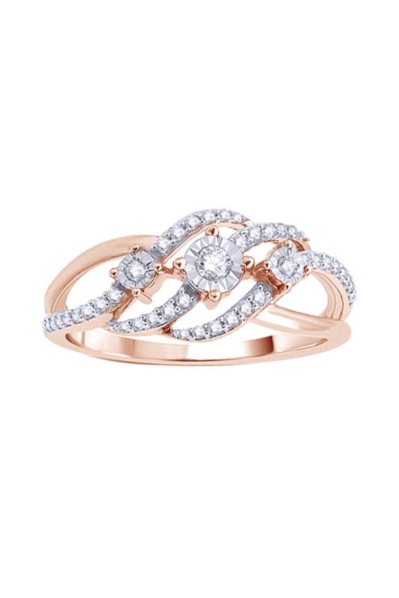Round Cut White Natural Diamond Three Stone Open Wave Ring in 10k Rose Gold (0.25 Cttw)