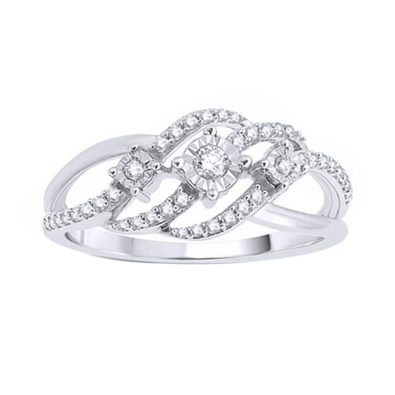 Round Cut White Natural Diamond Three Stone Open Wave Ring in 10k White Gold (0.25 Cttw)
