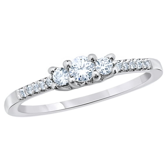 Round Cut White Natural Diamond Three Stone Promise Ring in 10k White Gold (0.33 Cttw)
