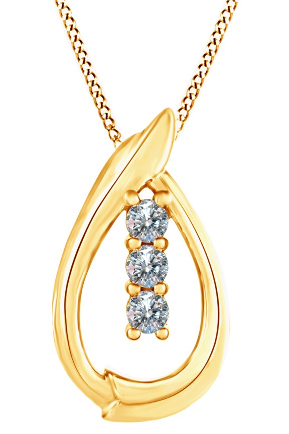Round Cut White Natural Diamond Three Stone Teardrop Pendant In 14k Yellow Gold