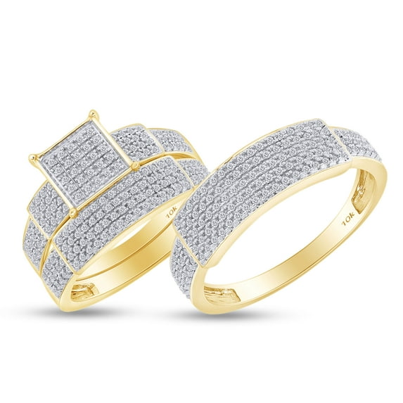 AFFY Round Cut White Natural Diamond Trio Engagement Wedding Band Ring Set In 10K Solid Yellow Gold