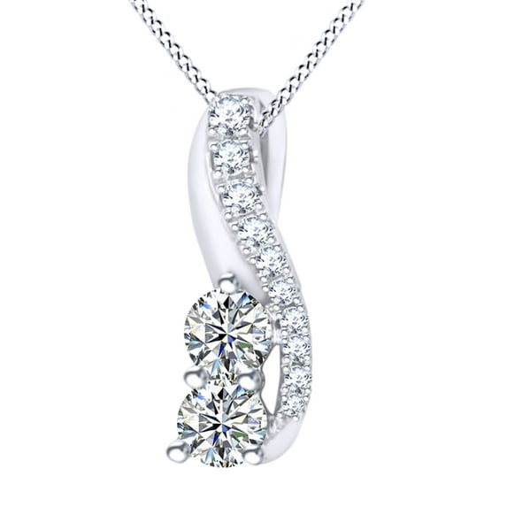 AFFY Round Cut White Natural Diamond Two Stone Drop Pendant Necklace In 10K Solid White Gold (0.5 Ct)By