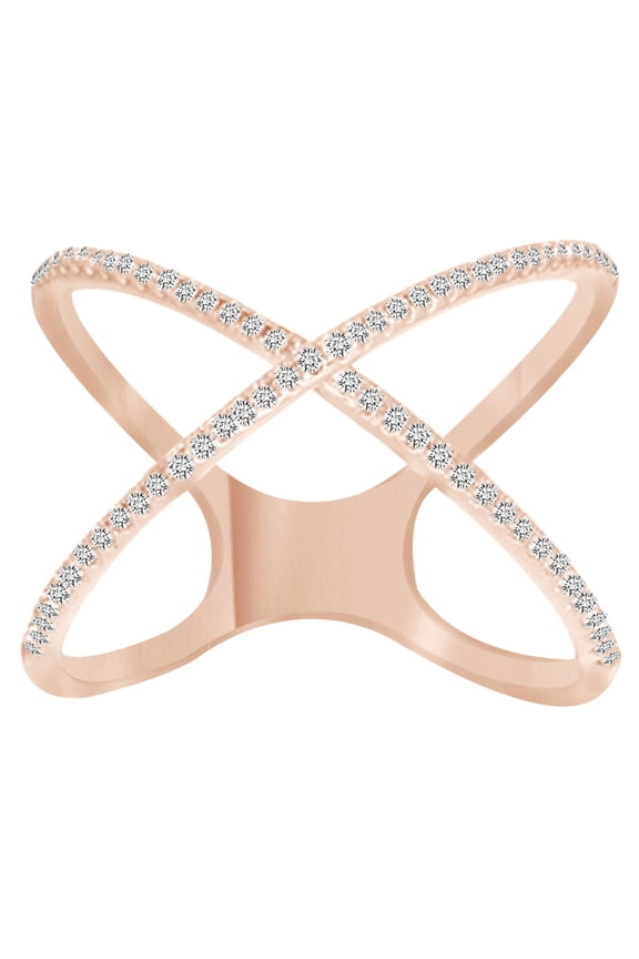 Round Cut White Natural Diamond X Fashion Loop Ring In 14K Solid Rose Gold