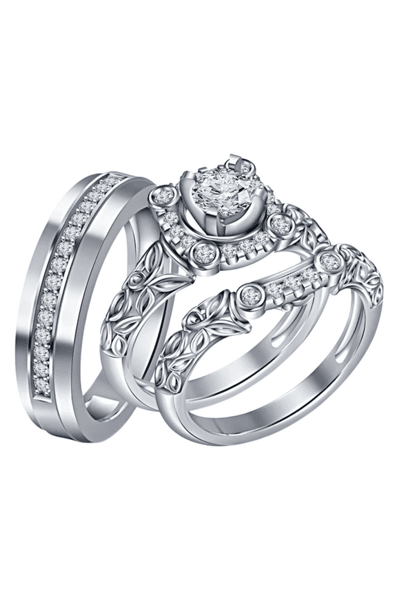 Round Cut White Trio Wedding Ring Set in 925 Sterling silver - Bridal Engagement Ring set - His & Her Ring