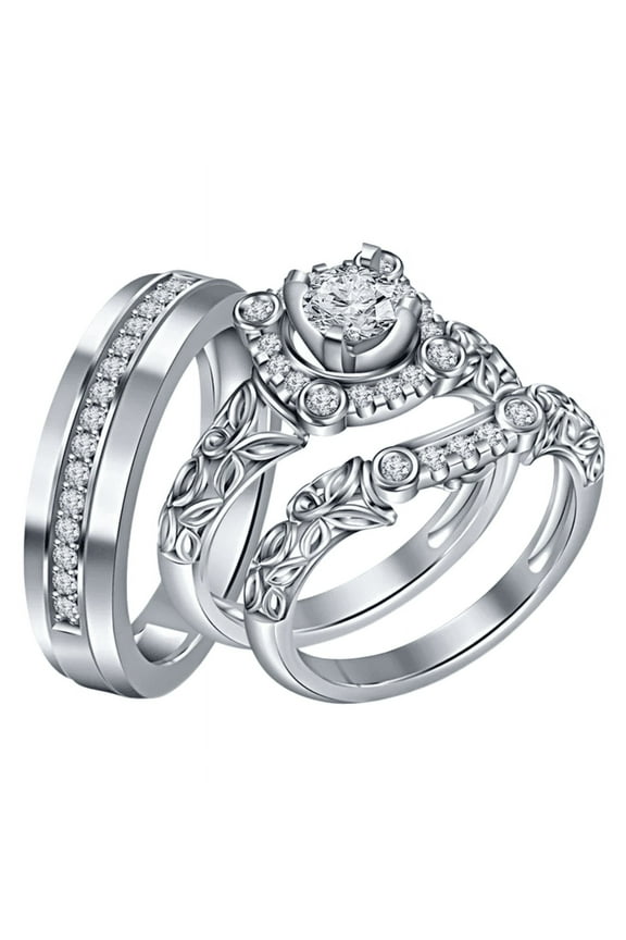 Round Cut White Trio Wedding Ring Set in 925 Sterling silver - Bridal Engagement Ring set - His & Her Ring